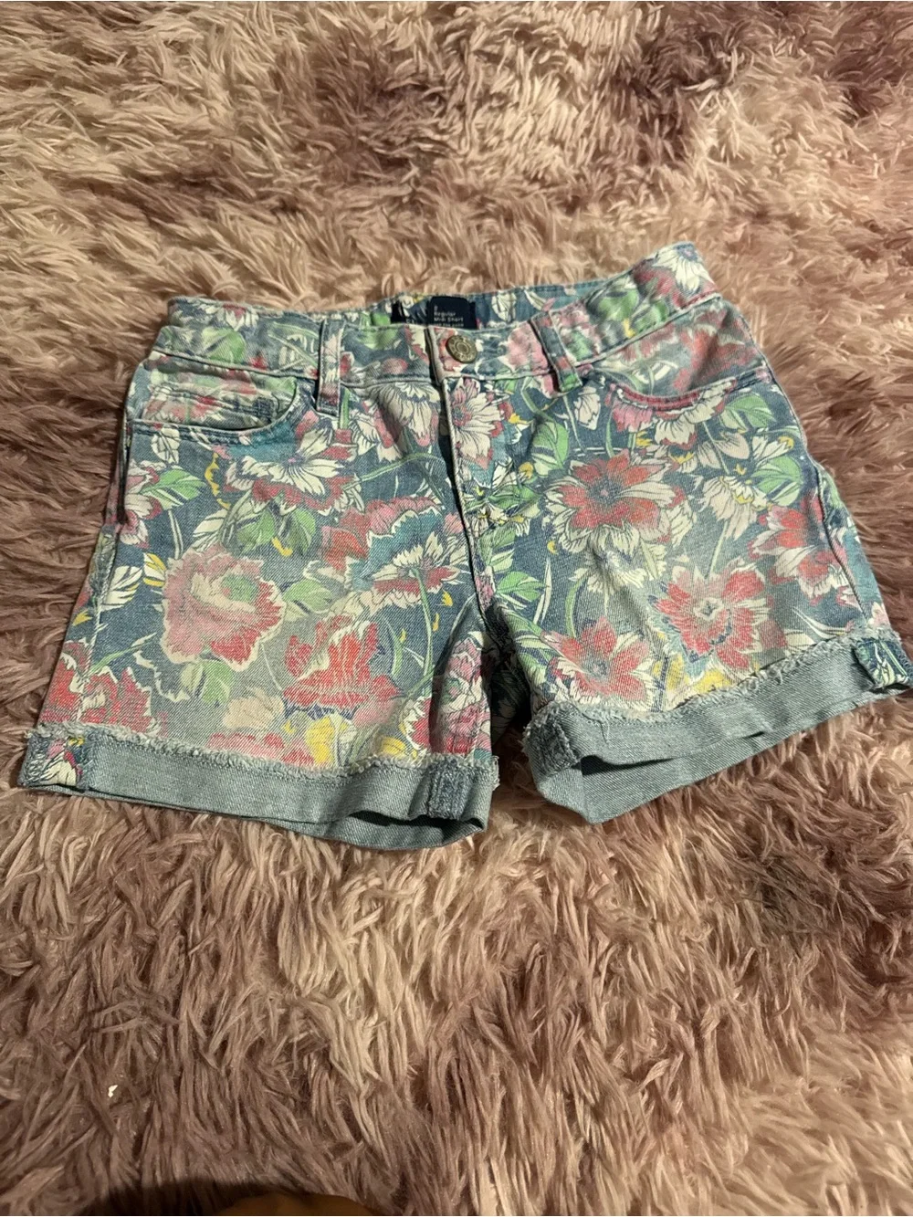 Floral Denim Cuffed Girls Shorts - Blue/Pink